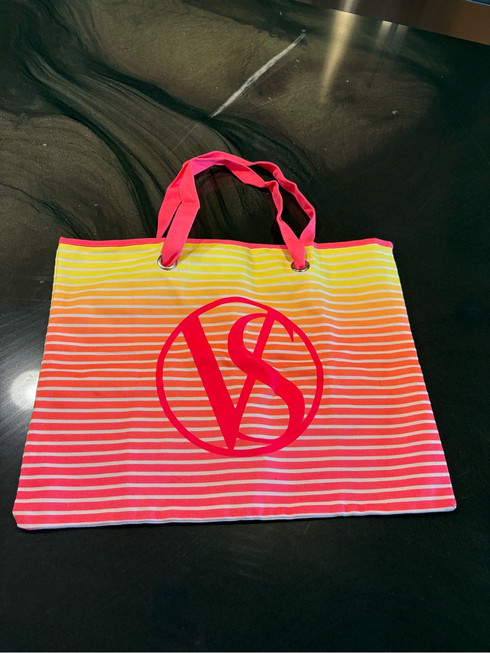 Victoria's Secret Neon Pink and Yellow Ombre Stripe Canvas Tote